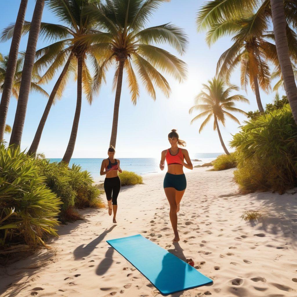 A serene beach scene showcasing a fit and happy individual jogging along the shore, surrounded by palm trees and clear blue waters. Nearby, a vibrant picnic setup with colorful fruits and wellness items like yoga mats and water bottles can be seen, exuding an atmosphere of health and vitality. The sun shines brightly in a clear sky, adding warmth to the scene. super-realistic. vibrant colors. white background.
